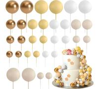 HQKJGSYX 32 PCS Ball Shaped Cake Topper Happy Birthday Cake Topper Gold White Paired With Yellow Foam Balls Cake Cake Insert Topper for Baby Shower Birthday Party Anniversary Wedding Decorations