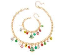 HQLA Christmas Snowflake Snowman Christmas Stree Flower wreath Necklace Bracelet Pendent Jewelry Set for Women Cute Charms Red Ball Tinkel Bell Green Wreath Festival Xmas Gifts, M, Rhinestones Zinc