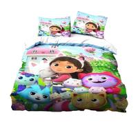 HQMOMO Gabby's Dollhouse Bedding Set, Children's Soft and Cute 3D Cartoon Cat 100% Microfibre Bed Linen, Single Bed, Double Bed, Home Decoration for Girls and Children (220 x 240 + 75 x 50 cm x 2, H)