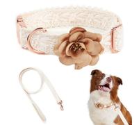HQREA Beige Dog Collar and Leash Set Adjustable Lace Dog Collar for Large Dogs with Flowers & Rose Gold Metal Clasp for Pet Wedding Birthday Outfit,L