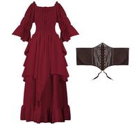 Hqroidd Renaissance Victorian Dress for Women, Medieval Gothic Costume Witch Pirate Chemise Dress Long Sleeve Wedding Underdress (Red, S/M)