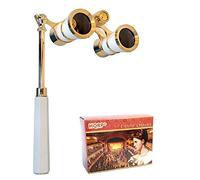 HQRP 3 x 25 Opera Glasses Binocular w/Built-in Extendable Handle White-Pearl with Gold Trim with Crystal Clear Optics (CCO)