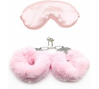HQUIREN Fluffy Handcuffs Satin Eye Cover Blindfold Kit - Fluffy Hand Cuff Set - Black Blindfold Satin Eye Cover - Adjustable Handcuffs Fluffy Bracelet - Eye Satin Cover (Pink)