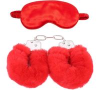 HQUIREN Fluffy Handcuffs Satin Eye Cover Blindfold Kit - Fluffy Hand Cuff Set - Black Blindfold Satin Eye Cover - Adjustable Handcuffs Fluffy Bracelet - Eye Satin Cover (Red)