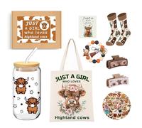 Hqvbvc 8Pcs Highland Cow Gifts for Women Highland Cow Tumblers Iced Coffe Cup with Straws Cow Themed Gifts Set for Cow Lovers Cow Socks Bags Keychain Stickers Cow Stuff for Coworker Teacher Gifts