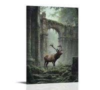 HQYXMSLL An Elk Walking through Ancient Ruins Overgrown with Moss, Painted in Faded Grandeur Decorative Modern Mural - Wall Art Hanging Poster 16x24inch(40x60cm)