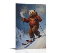 HQYXMSLL Animal Oil Painting- A Bear Skiing A Downhill Alpine Course While Holding A Steaming Cocoa Mug Decorative Modern Mural - Wall Art Hanging Poster 20x30inch(50x75cm)