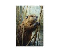 HQYXMSLL Animal Oil Painting- A Beaver Fencing with River Reeds during A Fantasy Forest Challenge Decorative Modern Mural - Wall Art Hanging Poster 20x30inch(50x75cm)