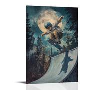 HQYXMSLL Animal Oil Painting- A Cat in A Helmet Landing A Perfect Ollie on A Skateboard Ramp Beneath Moonlight Decorative Modern Mural - Wall Art Hanging Poster 20x30inch(50x75cm)