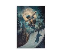 HQYXMSLL Animal Oil Painting- A Cat in A Helmet Landing A Perfect Ollie on A Skateboard Ramp Beneath Moonlight Decorative Modern Mural - Wall Art Hanging Poster 08x12inch(20x30cm)
