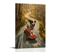 HQYXMSLL Animal Oil Painting- A Dog Longboarding Down A Winding Hill Trail with Trees Whizzing by Decorative Modern Mural - Wall Art Hanging Poster 24x36inch(60x90cm)