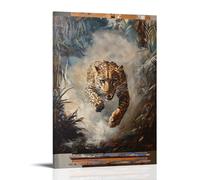 HQYXMSLL Animal Oil Painting- A Leopard Sprinting through Smoke in A Jungle Sprint Survival Obstacle Decorative Modern Mural - Wall Art Hanging Poster 20x30inch(50x75cm)