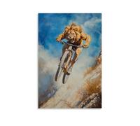 HQYXMSLL Animal Oil Painting- A Lion Mid-leap in A Downhill Mountain Biking Race, Dust Trailing Behind. Decorative Modern Mural - Wall Art Hanging Poster 08x12inch(20x30cm)