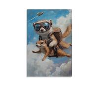 HQYXMSLL Animal Oil Painting- A Meerkat Skydiving in Tandem with A Squirrel, Tiny Goggles on As Clouds Blur past Decorative Modern Mural - Wall Art Hanging Poster 24x36inch(60x90cm)