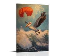 HQYXMSLL Animal Oil Painting- A Pelican Diving from A Parachute Into Crashing Coastal Surf Decorative Modern Mural - Wall Art Hanging Poster 08x12inch(20x30cm)