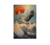 HQYXMSLL Animal Oil Painting- A Pelican Diving from A Parachute Into Crashing Coastal Surf Decorative Modern Mural - Wall Art Hanging Poster 12x18inch(30x45cm)