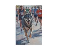 HQYXMSLL Animal Oil Painting- A Wolf Racing in A Marathon, Paws Pounding The Pavement Alongside Runners. Decorative Modern Mural - Wall Art Hanging Poster 20x30inch(50x75cm)