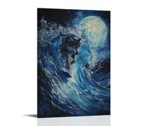HQYXMSLL Animal Oil Painting- A Wolf Surfing Under A Moonlit Stormwave with Glowing Trail Beneath Decorative Modern Mural - Wall Art Hanging Poster 12x18inch(30x45cm)