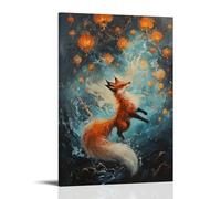 HQYXMSLL Animal Oil Painting Mystic Nine-Tailed Fox Dances Beneath The Lantern-Lit Sky of An Eastern Festival Decorative Modern Mural - Wall Art Hanging Poster 16x24inch(40x60cm)