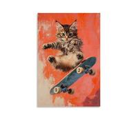 HQYXMSLL Animal Oil Painting of A Cat Balancing Mid-air on A Skateboard, Vivid Coral Background Decorative Modern Mural - Wall Art Hanging Poster 20x30inch(50x75cm)