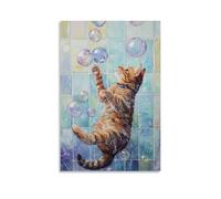 HQYXMSLL Animal Oil Painting of A Cat Chasing Floating Bubbles Up And Down Tiled Bathroom Walls. Decorative Modern Mural - Wall Art Hanging Poster 16x24inch(40x60cm)