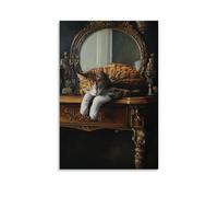 HQYXMSLL Animal Oil Painting of A Cat Draped Elegantly Across A Vanity, Surveying Its Reflection with Sleepy Royalty. Decorative Modern Mural - Wall Art Hanging Poster 08x12inch(20x30cm)