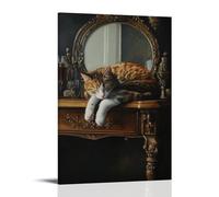HQYXMSLL Animal Oil Painting of A Cat Draped Elegantly Across A Vanity, Surveying Its Reflection with Sleepy Royalty. Decorative Modern Mural - Wall Art Hanging Poster 12x18inch(30x45cm)
