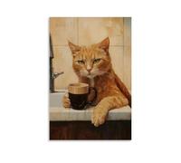 HQYXMSLL Animal Oil Painting of A Cat Leaning Coolly Against A Sink, Holding A Tiny Mug of Dark Roast Coffee. Decorative Modern Mural - Wall Art Hanging Poster 08x12inch(20x30cm)