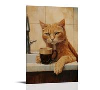 HQYXMSLL Animal Oil Painting of A Cat Leaning Coolly Against A Sink, Holding A Tiny Mug of Dark Roast Coffee. Decorative Modern Mural - Wall Art Hanging Poster 12x18inch(30x45cm)