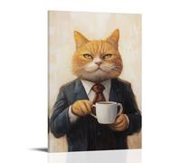 HQYXMSLL Animal Oil Painting of A Cat Lounging in A Business Suit, Holding A Coffee Cup, Framed Against A Cream Minimalist Sky. Decorative Modern Mural - Wall Art Hanging Poster 08x12inch(20x30cm)
