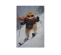 HQYXMSLL Animal Oil Painting of A Cat Skiing Downhill in Style with Scarf Blowing on Soft Winter Gray. Decorative Modern Mural - Wall Art Hanging Poster 16x24inch(40x60cm)