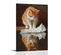 HQYXMSLL Animal Oil Painting of A Cat Tangling Its Tail in Paper Towels While Checking Its Reflection Dramatically. Decorative Modern Mural - Wall Art Hanging Poster 16x24inch(40x60cm)