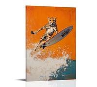 HQYXMSLL Animal Oil Painting of A Cheetah Skimming on A Speedboat Surfboard Combo over Flat Tangerine Ocean. Decorative Modern Mural - Wall Art Hanging Poster 16x24inch(40x60cm)