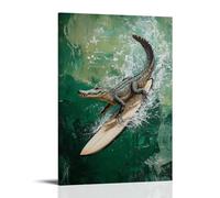 HQYXMSLL Animal Oil Painting of A Crocodile Skimming A River Surface on A Surfboard, Minimal Jungle Green Canvas. Decorative Modern Mural - Wall Art Hanging Poster 16x24inch(40x60cm)