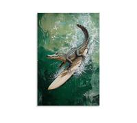 HQYXMSLL Animal Oil Painting of A Crocodile Skimming A River Surface on A Surfboard, Minimal Jungle Green Canvas. Decorative Modern Mural - Wall Art Hanging Poster 08x12inch(20x30cm)