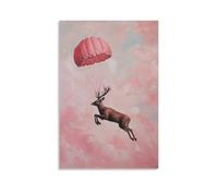 HQYXMSLL Animal Oil Painting of A Deer Base Jumping with Parachute Against Soft Blush Pink Sky Decorative Modern Mural - Wall Art Hanging Poster 24x36inch(60x90cm)