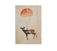 HQYXMSLL Animal Oil Painting of A Deer in Free Fall, Parachute Just Opening, Suspended on A Peach-tinted Minimalist Sky. Decorative Modern Mural - Wall Art Hanging Poster 24x36inch(60x90cm)
