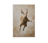 HQYXMSLL Animal Oil Painting of A Deer Mid-air in A Squirrel Suit, Antlers Tilted Back, Floating on Dusty Beige. Decorative Modern Mural - Wall Art Hanging Poster 16x24inch(40x60cm)