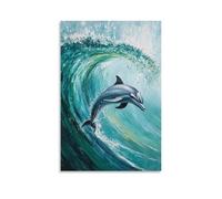 HQYXMSLL Animal Oil Painting of A Dolphin Doing A Barrel Roll Inside A Glassy Green Wave on Aqua Minimalist Background. Decorative Modern Mural - Wall Art Hanging Poster 16x24inch(40x60cm)