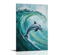 HQYXMSLL Animal Oil Painting of A Dolphin Doing A Barrel Roll Inside A Glassy Green Wave on Aqua Minimalist Background. Decorative Modern Mural - Wall Art Hanging Poster 12x18inch(30x45cm)
