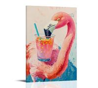 HQYXMSLL Animal Oil Painting of A Flamingo Sipping Colorful Bubble Tea While Posing in Front of A Sunny Pastel Mirror. Decorative Modern Mural - Wall Art Hanging Poster 16x24inch(40x60cm)