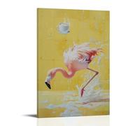 HQYXMSLL Animal Oil Painting of A Flamingo Slipping on Soapy Tiles, Coffee Cup Soaring through Pastel Yellow Air. Decorative Modern Mural - Wall Art Hanging Poster 12x18inch(30x45cm)