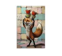 HQYXMSLL Animal Oil Painting of A Fox Balancing Three Coffee Cups on Its Head While Dancing Across Pastel Tiles. Decorative Modern Mural - Wall Art Hanging Poster 16x24inch(40x60cm)