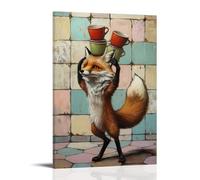 HQYXMSLL Animal Oil Painting of A Fox Balancing Three Coffee Cups on Its Head While Dancing Across Pastel Tiles. Decorative Modern Mural - Wall Art Hanging Poster 20x30inch(50x75cm)