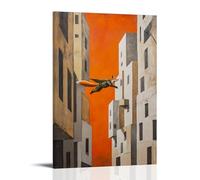 HQYXMSLL Animal Oil Painting of A Fox Gliding between Buildings in A Camo Wingsuit, Minimalist Dusk-orange Backdrop. Decorative Modern Mural - Wall Art Hanging Poster 20x30inch(50x75cm)
