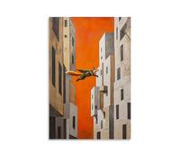 HQYXMSLL Animal Oil Painting of A Fox Gliding between Buildings in A Camo Wingsuit, Minimalist Dusk-orange Backdrop. Decorative Modern Mural - Wall Art Hanging Poster 24x36inch(60x90cm)