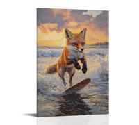 HQYXMSLL Animal Oil Painting of A Fox Skimboarding through Shallow Tidepools at Sunset. Decorative Modern Mural - Wall Art Hanging Poster 08x12inch(20x30cm)