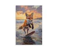 HQYXMSLL Animal Oil Painting of A Fox Skimboarding through Shallow Tidepools at Sunset. Decorative Modern Mural - Wall Art Hanging Poster 08x12inch(20x30cm)