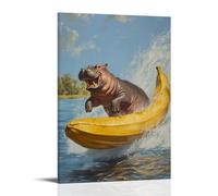 HQYXMSLL Animal Oil Painting of A Hippo Water-skiing behind A Boat Shaped Like A Banana. Decorative Modern Mural - Wall Art Hanging Poster 12x18inch(30x45cm)