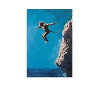 HQYXMSLL Animal Oil Painting of A Monkey Diving from A Rock Ledge Into Ocean Blue Void, Paused Mid-air. Decorative Modern Mural - Wall Art Hanging Poster 20x30inch(50x75cm)